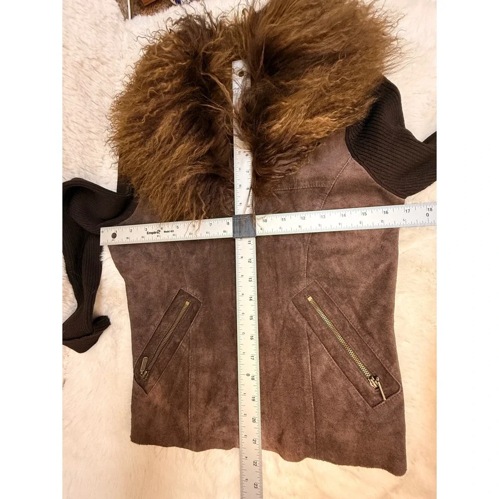 VTG Y2K Genuine Suede Leather Jacket Mongolian Lamb Fur Collar Rib Knit Brown M